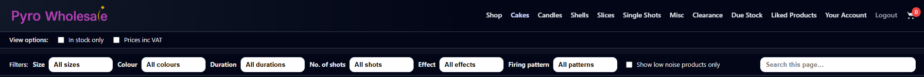 Pyro Wholesale product search and filter controls